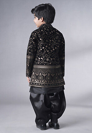 Embroidered Art Silk Sherwani Set in Black
