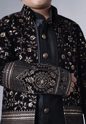 Embroidered Art Silk Sherwani Set in Black