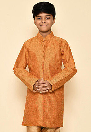 Embroidered Art Silk Sherwani Set in Mustard