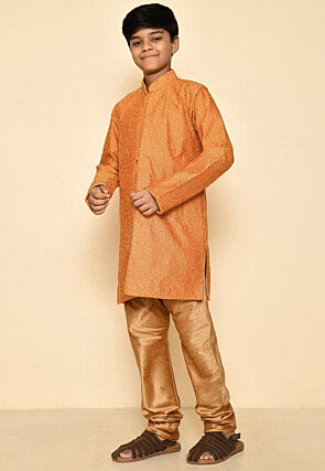 Embroidered Art Silk Sherwani Set in Mustard