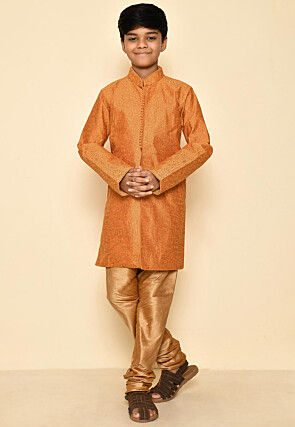Embroidered Art Silk Sherwani Set in Mustard