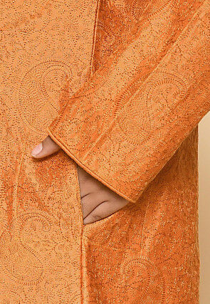 Embroidered Art Silk Sherwani Set in Mustard