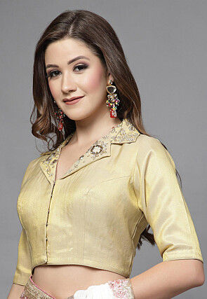 Embroidered Art Silk Shimmer Back Cut Out Blouse in Light Beige