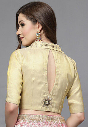 Embroidered Art Silk Shimmer Back Cut Out Blouse in Light Beige