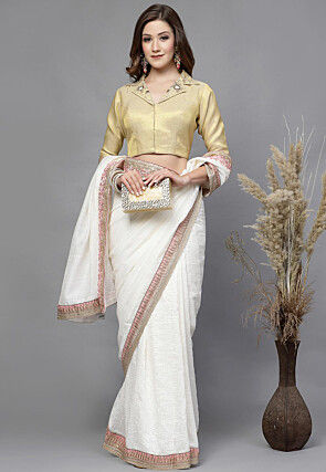 Embroidered Art Silk Shimmer Back Cut Out Blouse in Light Beige