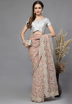 Embroidered Art Silk Shimmer Blouse in Grey