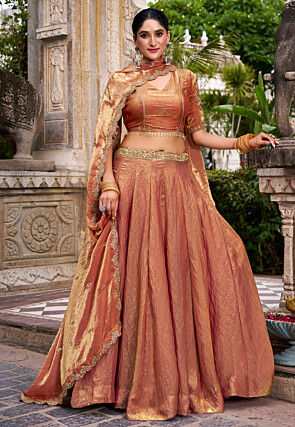 Embroidered Art Silk Shimmer Lehenga in Rust