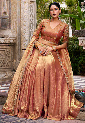 Embroidered Art Silk Shimmer Lehenga in Rust