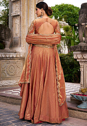 Embroidered Art Silk Shimmer Lehenga in Rust