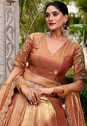 Embroidered Art Silk Shimmer Lehenga in Rust