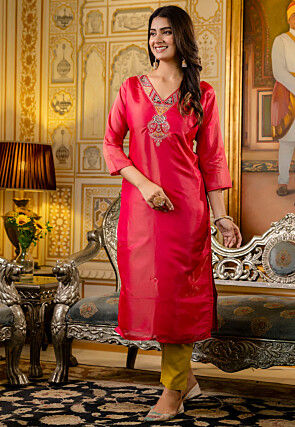 Embroidered Chinon Chiffon Straight Kurta in Fuchsia