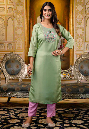 Embroidered Chinon Chiffon Straight Kurta in Light Green