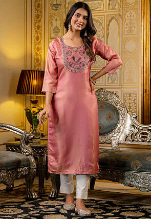 Embroidered Chinon Chiffon Straight Kurta in Pink