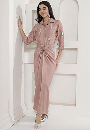 Embroidered Art Silk Shirt Set in Rose Gold
