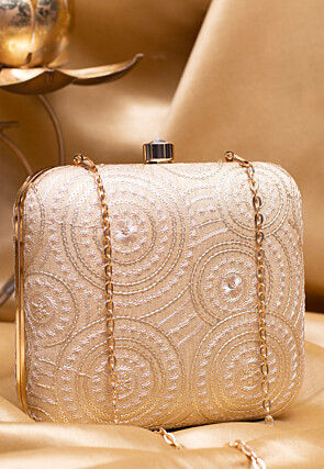 Embroidered Art Silk Square Clutch Bag in Beige