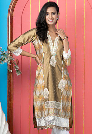 Embroidered Art Silk Straight Kurta in Beige
