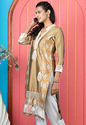 Embroidered Art Silk Straight Kurta in Beige