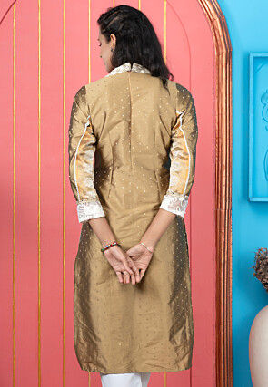 Embroidered Art Silk Straight Kurta in Beige