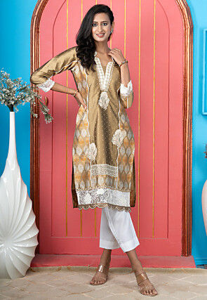 Embroidered Art Silk Straight Kurta in Beige