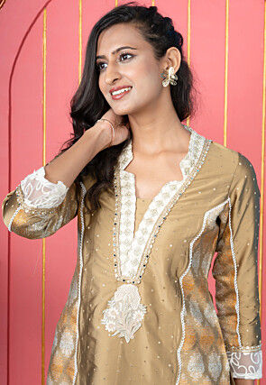 Embroidered Art Silk Straight Kurta in Beige