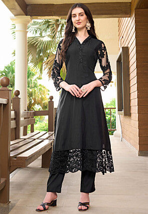 Embroidered Art Silk Aline Kurta in Black