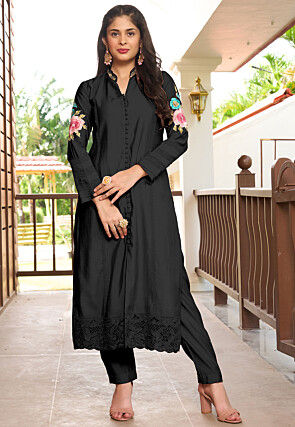 Embroidered Art Silk Straight Kurta in Black