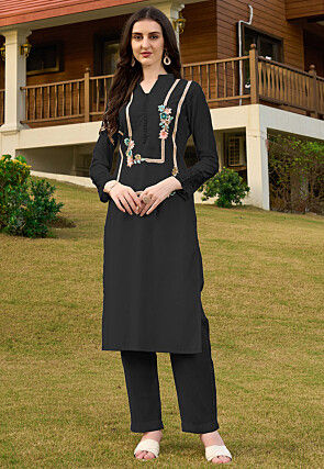 Embroidered Art Silk Straight Kurta in Black