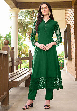 Embroidered Art Silk Straight Kurta in Green