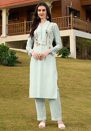 Embroidered Art Silk Straight Kurta in Light Green