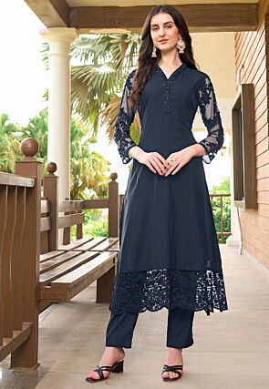 Embroidered Art Silk Straight Kurta in Navy Blue