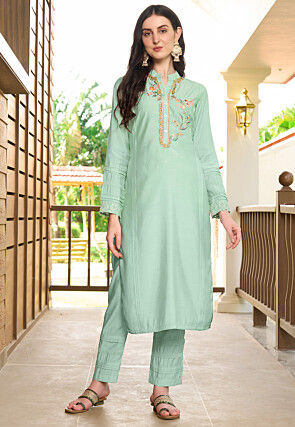 Embroidered Art Silk Straight Kurta in Sea Green