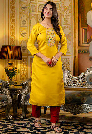 Embroidered Art Silk Straight Kurta in Yellow