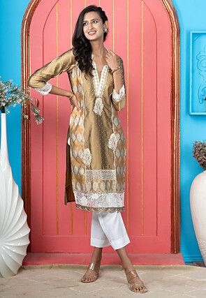 Embroidered Art Silk Straight Kurta Set in Beige