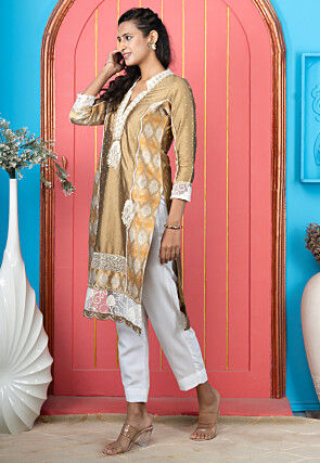 Embroidered Art Silk Straight Kurta Set in Beige