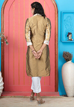 Embroidered Art Silk Straight Kurta Set in Beige