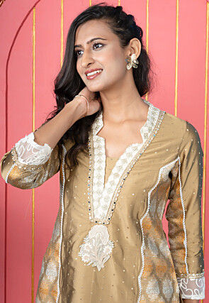 Embroidered Art Silk Straight Kurta Set in Beige