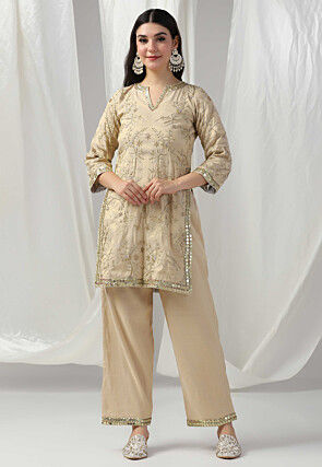 Embroidered Art Silk Straight Kurta Set in Beige