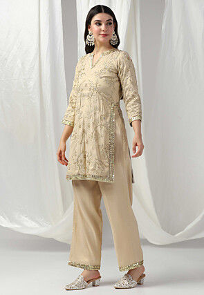 Embroidered Art Silk Straight Kurta Set in Beige