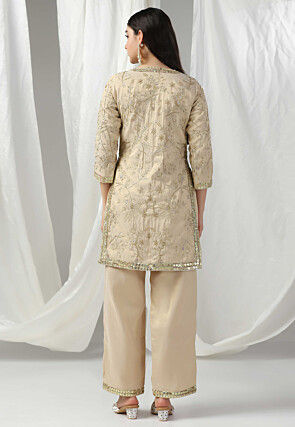 Embroidered Art Silk Straight Kurta Set in Beige