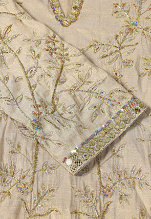 Embroidered Art Silk Straight Kurta Set in Beige