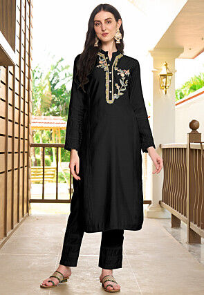Embroidered Art Silk Straight Kurta Set in Black