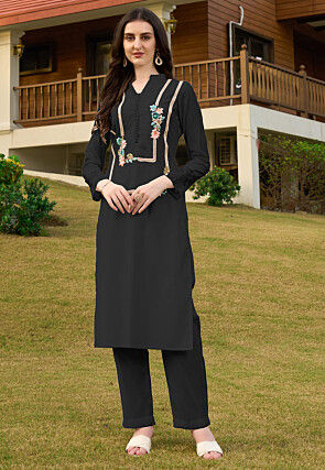 Embroidered Art Silk Straight Kurta Set in Black