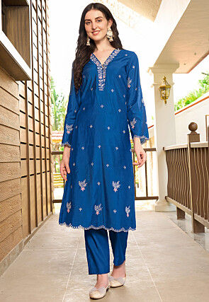 Embroidered Art Silk Straight Kurta Set in Blue