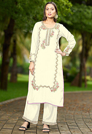 Embroidered Art Silk Straight Kurta Set in Cream