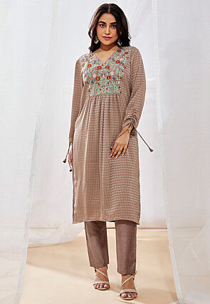 Embroidered Art Silk Straight Kurta Set in Fawn