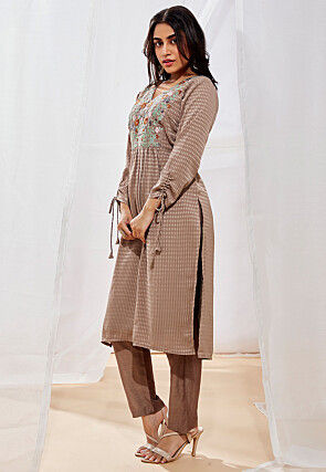 Embroidered Art Silk Straight Kurta Set in Fawn