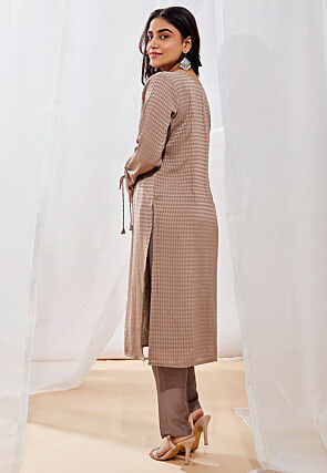 Embroidered Art Silk Straight Kurta Set in Fawn