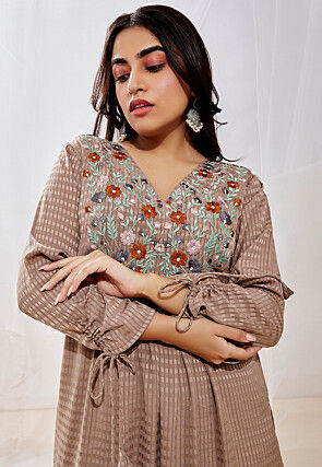 Embroidered Art Silk Straight Kurta Set in Fawn