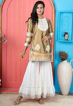 Embroidered Art Silk Straight Kurta Set in Golden