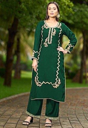Embroidered Art Silk Straight Kurta Set in Green